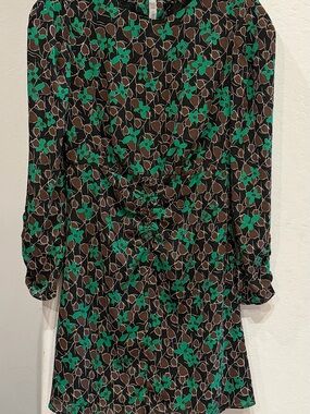 Mango Black Floral Long-Sleeve Dress with Green Accents